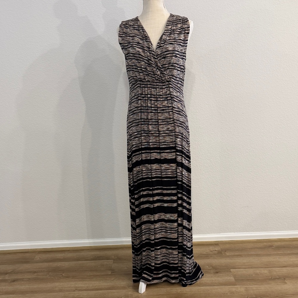 Chico's Sleeveless V-Neck Black and Cream Striped Maxi Dress